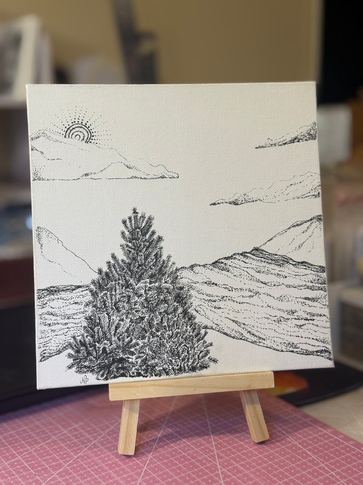 Waterfall | Original Mini Pen Painting – 20 x 20 cm Canvas with Wooden Easel (One-of-a-Kind Artwork)