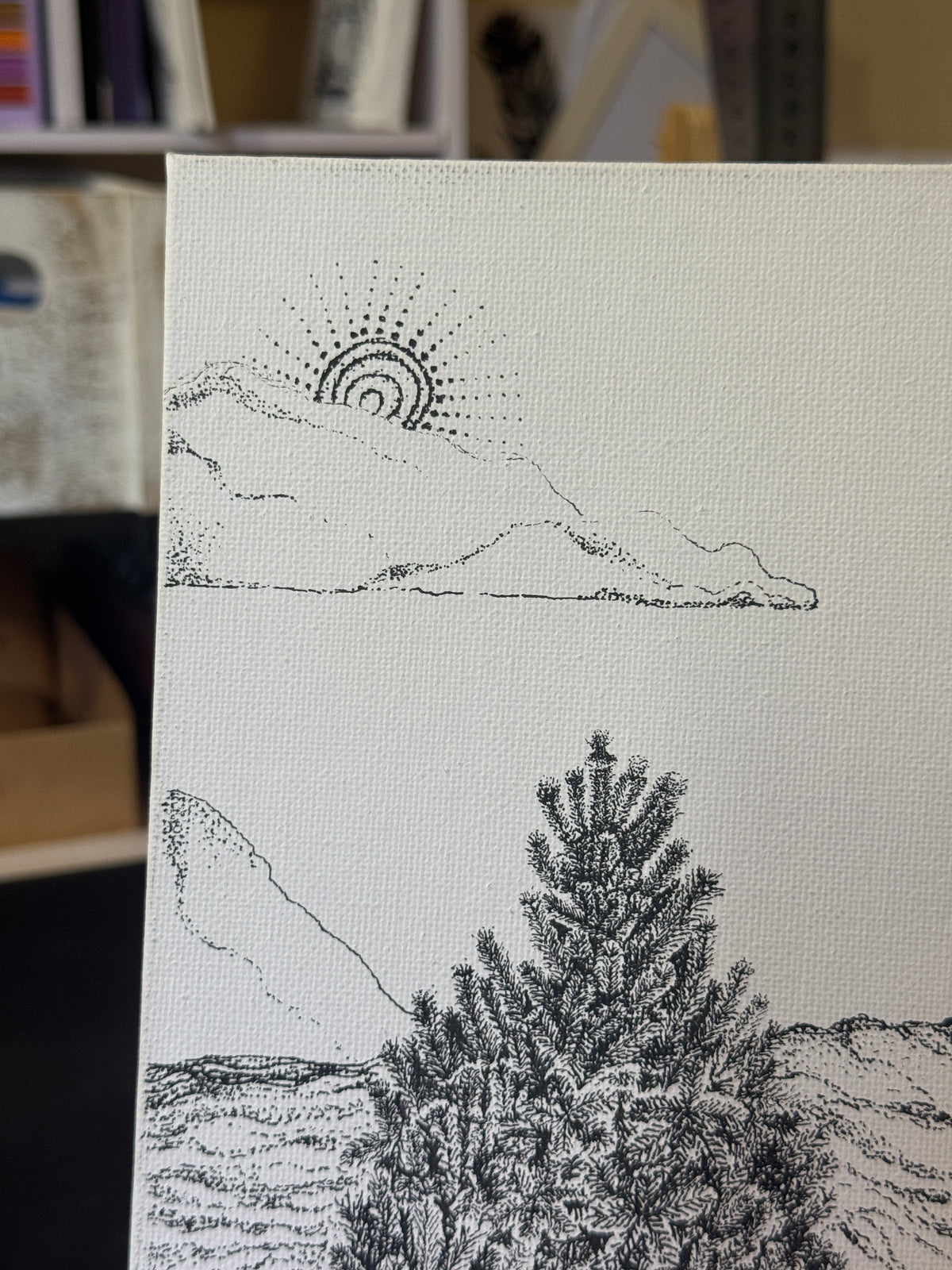 Waterfall | Original Mini Pen Painting – 20 x 20 cm Canvas with Wooden Easel (One-of-a-Kind Artwork)