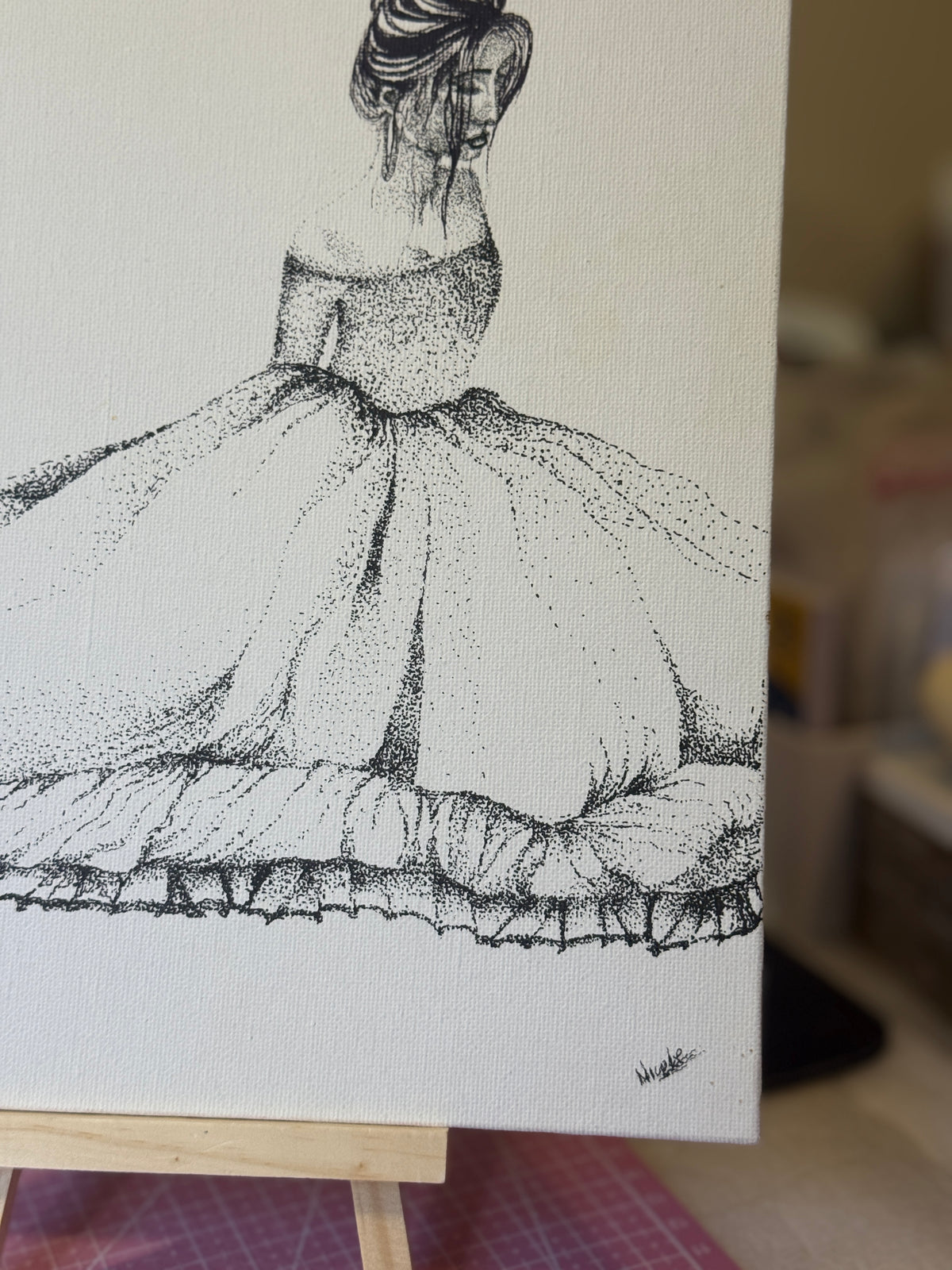 Princess | Original Mini Pen Painting – 24 x 30 cm Canvas with Wooden Easel (One-of-a-Kind Artwork)