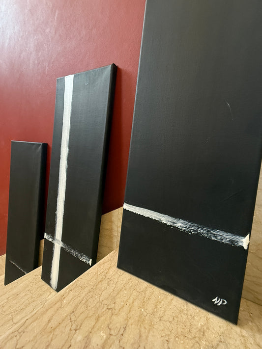 Squared Black | Original 3-Piece Contemporary Acrylic Painting – 20 × 60 cm Modern Abstract Artwork