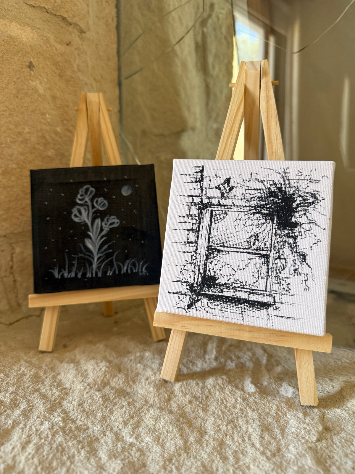 Witch’s Window | Original Mini Pen Painting – 10 × 10 cm Canvas with Wooden Easel (One-of-a-Kind Artwork)