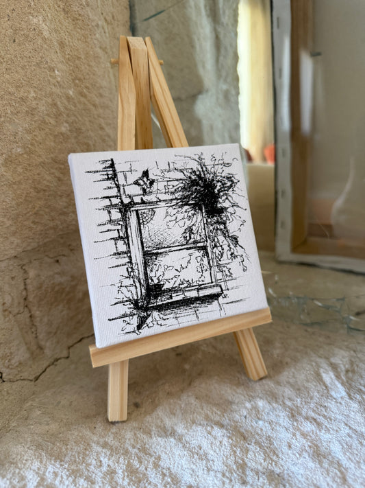 Witch’s Window | Original Mini Pen Painting – 10 × 10 cm Canvas with Wooden Easel (One-of-a-Kind Artwork)