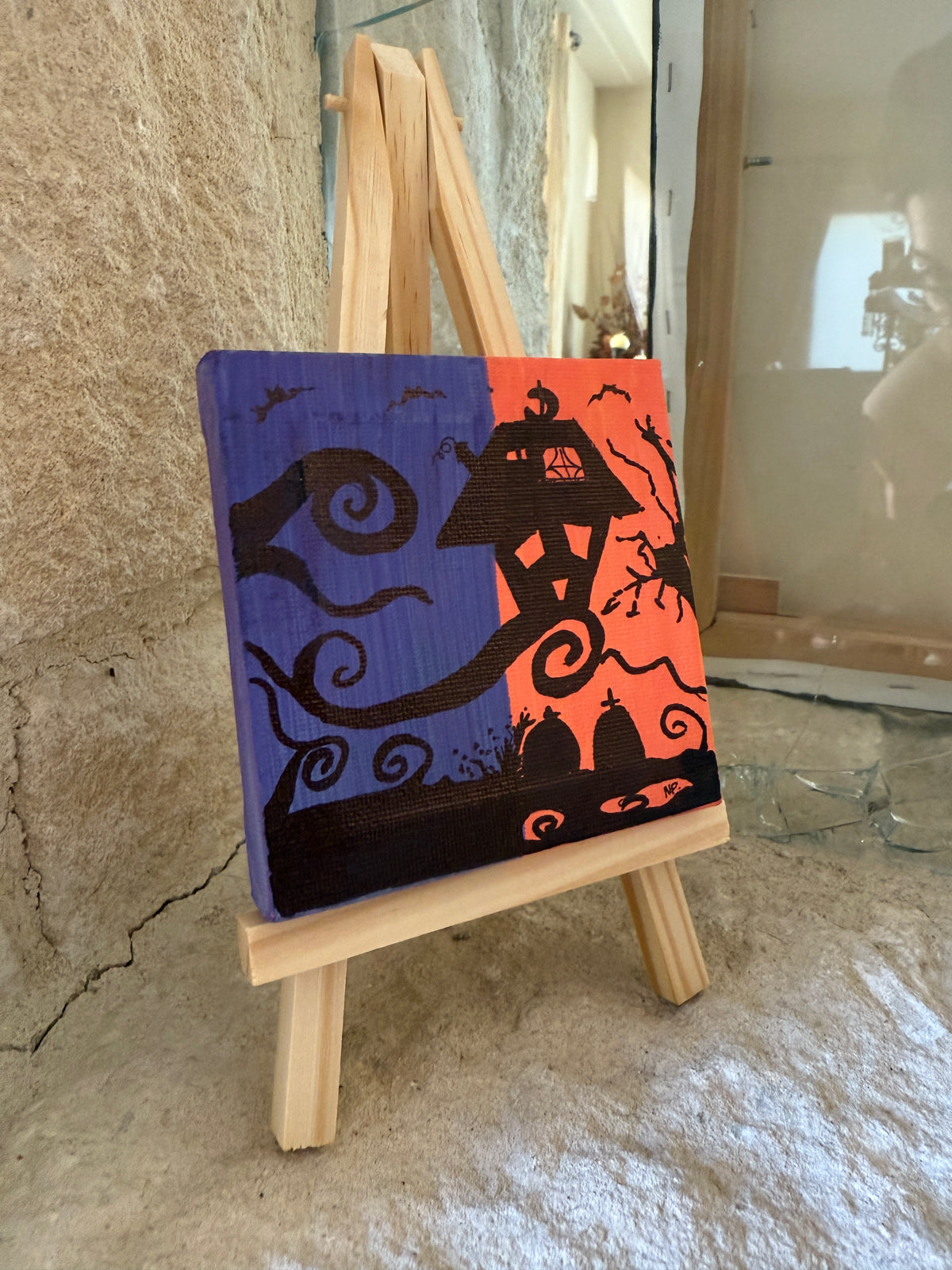 Halloween House | Original Mini Acrylic Painting – 10 × 10 cm Canvas with Wooden Easel (One-of-a-Kind Artwork)