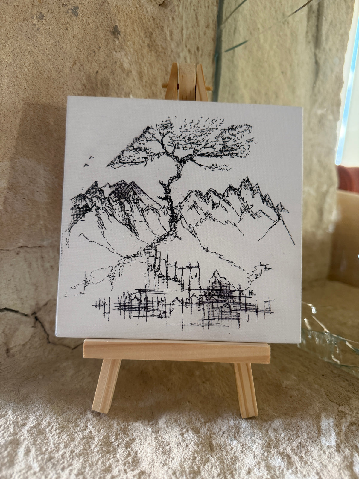 Sakura Tree | Original Mini Pen Painting – 15 × 15 cm Canvas with Wooden Easel (One-of-a-Kind Artwork)
