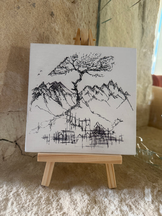 Sakura Tree | Original Mini Pen Painting – 15 × 15 cm Canvas with Wooden Easel (One-of-a-Kind Artwork)