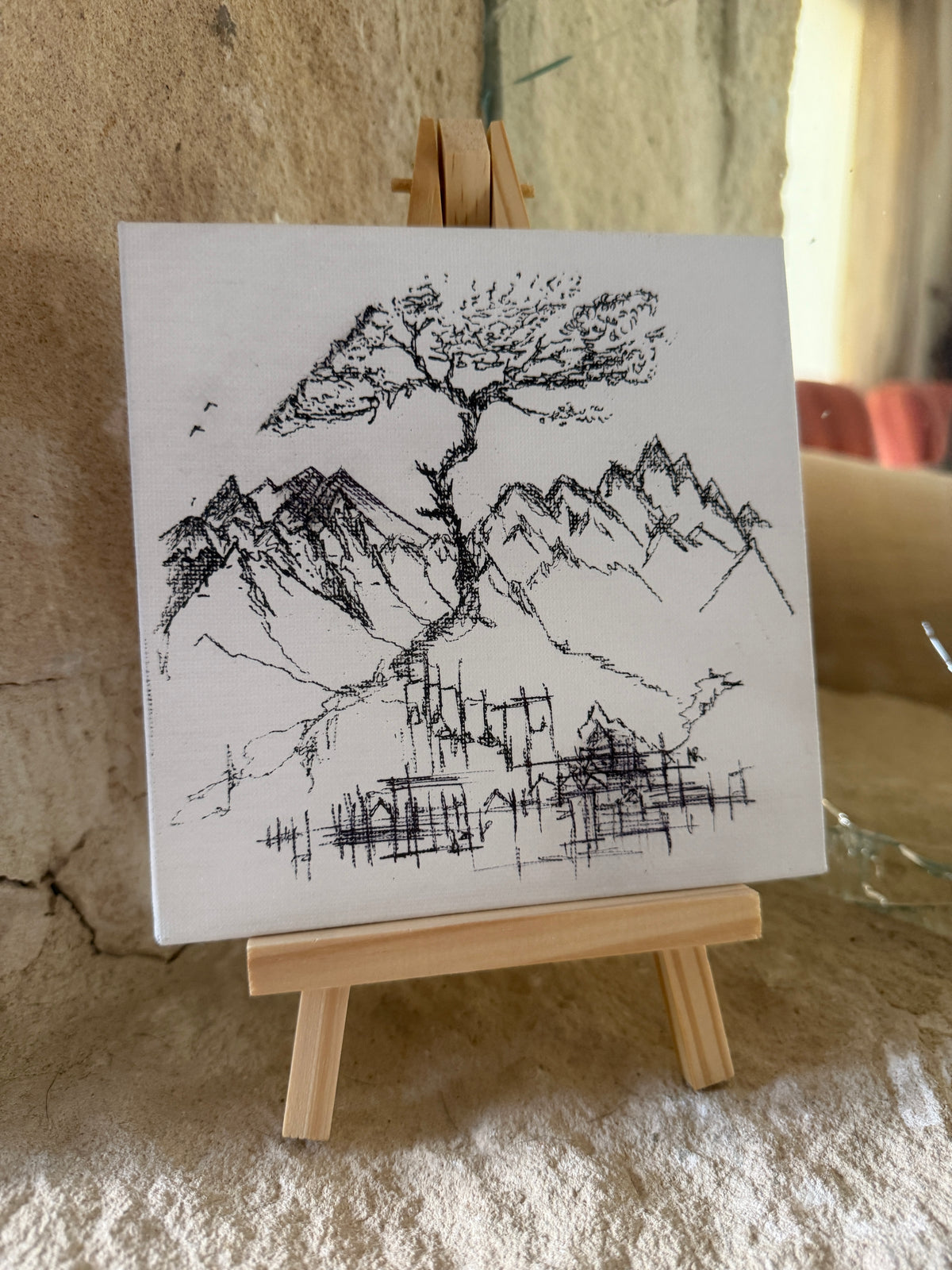 Sakura Tree | Original Mini Pen Painting – 15 × 15 cm Canvas with Wooden Easel (One-of-a-Kind Artwork)