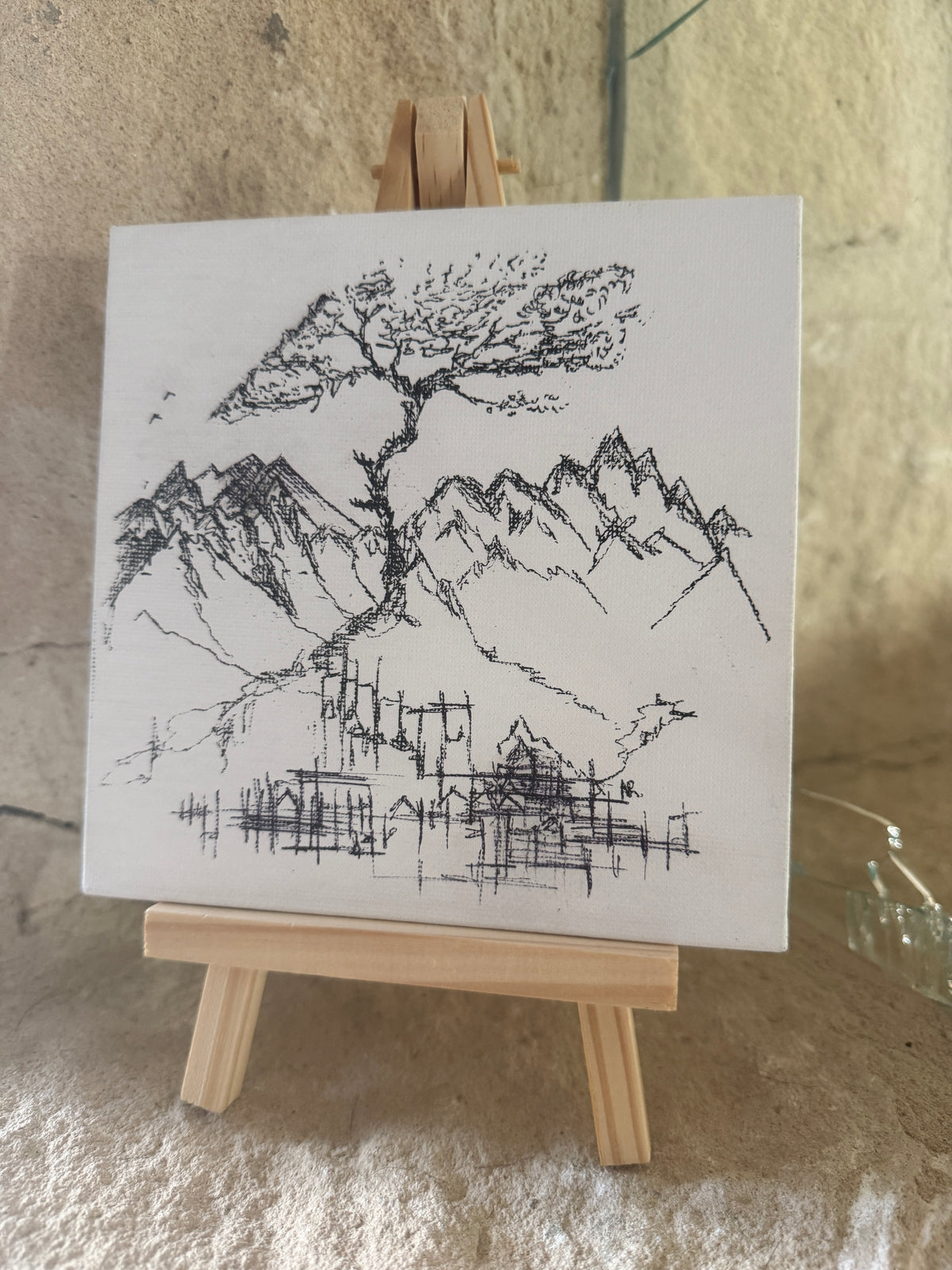 Sakura Tree | Original Mini Pen Painting – 15 × 15 cm Canvas with Wooden Easel (One-of-a-Kind Artwork)