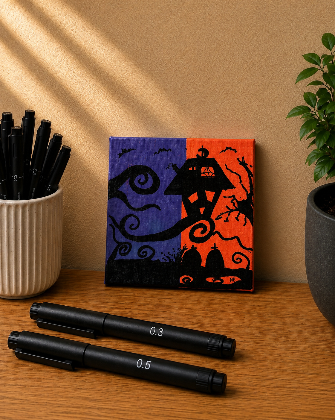 Halloween House | Original Mini Acrylic Painting – 10 × 10 cm Canvas with Wooden Easel (One-of-a-Kind Artwork)