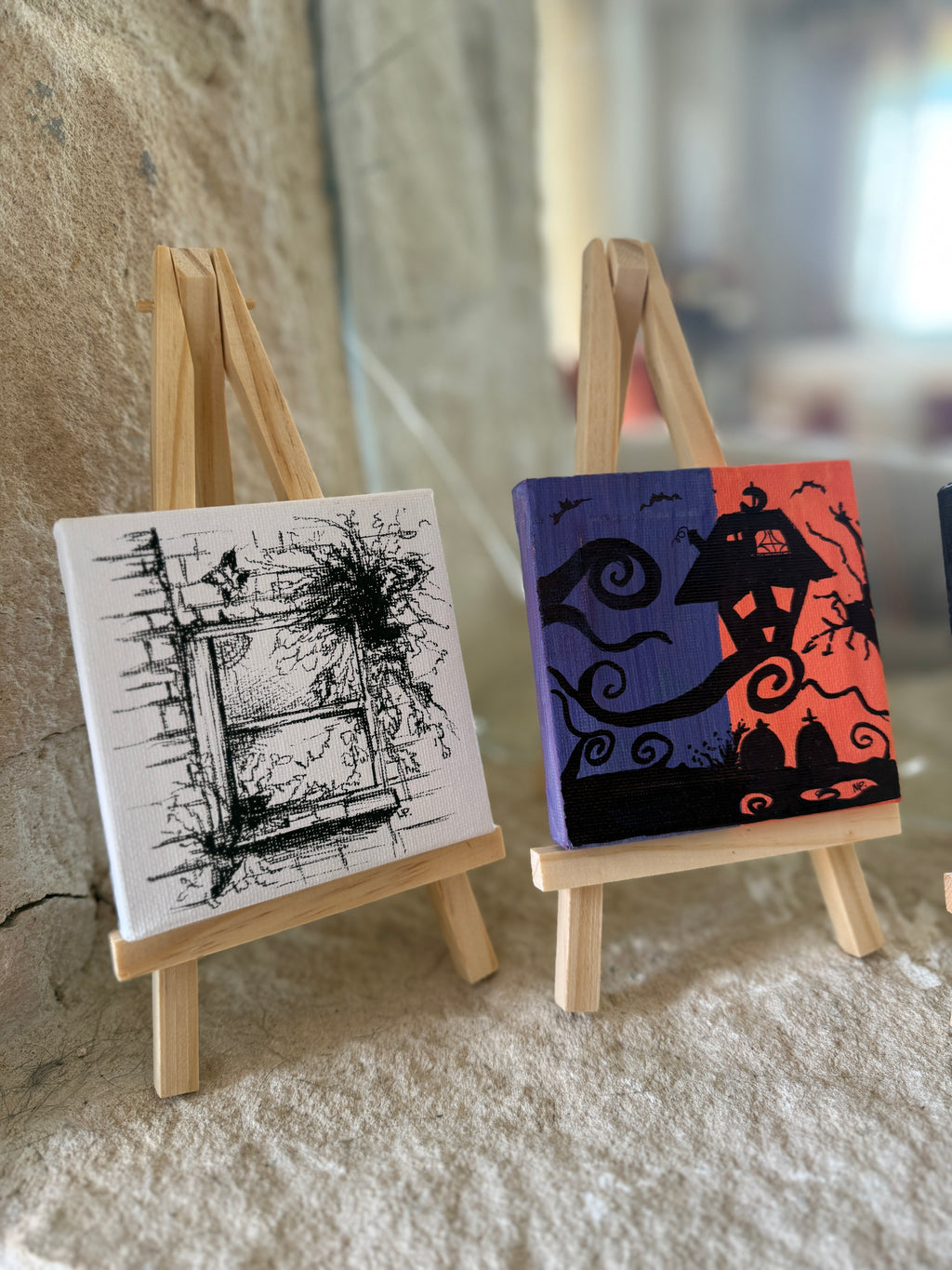 Halloween House | Original Mini Acrylic Painting – 10 × 10 cm Canvas with Wooden Easel (One-of-a-Kind Artwork)