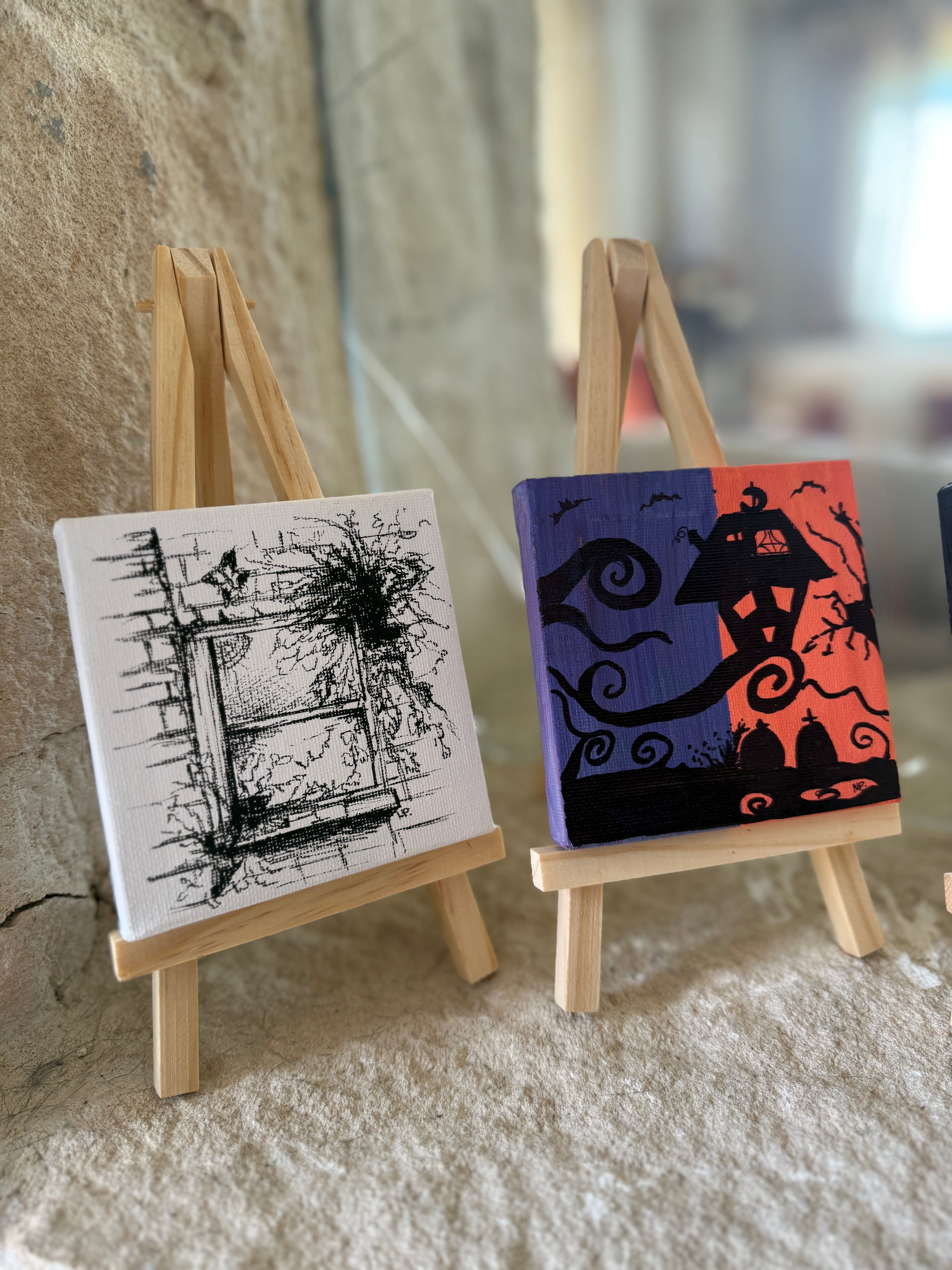 Halloween House | Original Mini Acrylic Painting – 10 × 10 cm Canvas with Wooden Easel (One-of-a-Kind Artwork)