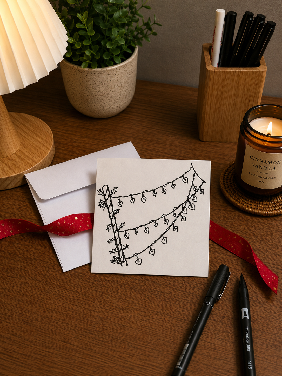 Cute Christmas Lights | Small Handmade Greeting Card – Original Illustrated Card