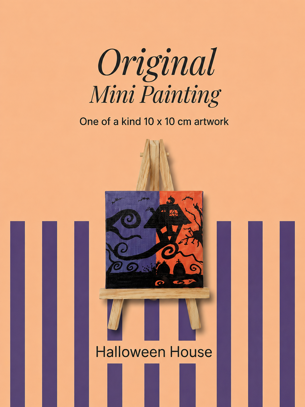 Halloween House | Original Mini Acrylic Painting – 10 × 10 cm Canvas with Wooden Easel (One-of-a-Kind Artwork)