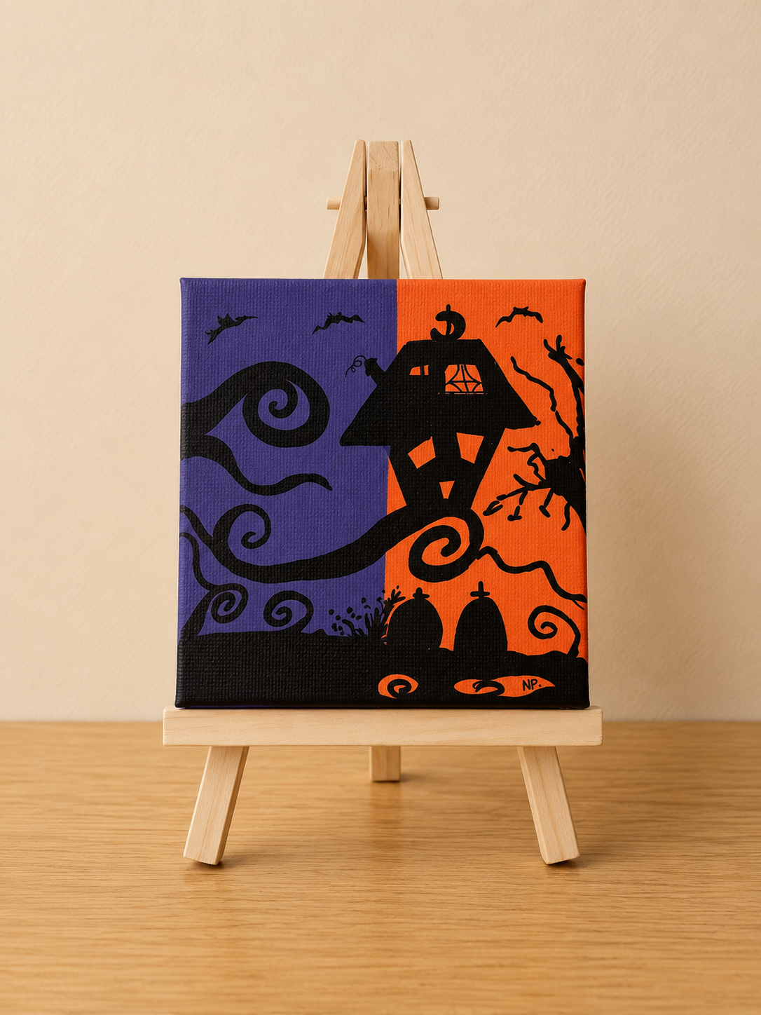 Halloween House | Original Mini Acrylic Painting – 10 × 10 cm Canvas with Wooden Easel (One-of-a-Kind Artwork)