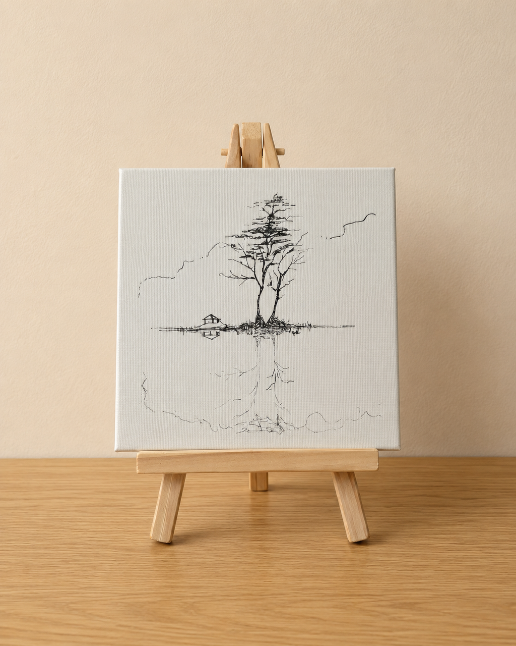 Minimal Island | Original Mini Pen Painting – 15 × 15 cm Canvas with Wooden Easel (One-of-a-Kind Artwork)