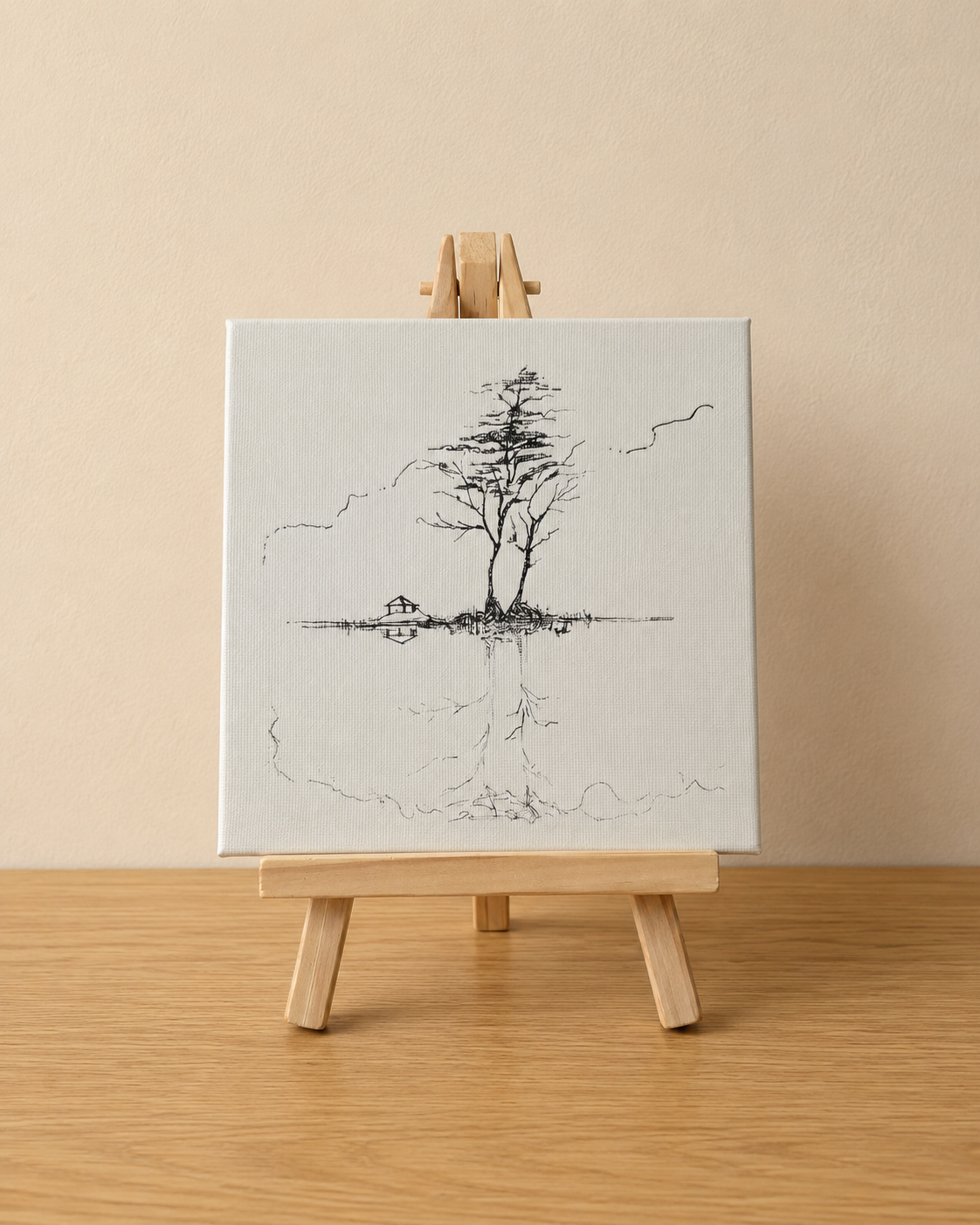 Minimal Island | Original Mini Pen Painting – 15 × 15 cm Canvas with Wooden Easel (One-of-a-Kind Artwork)