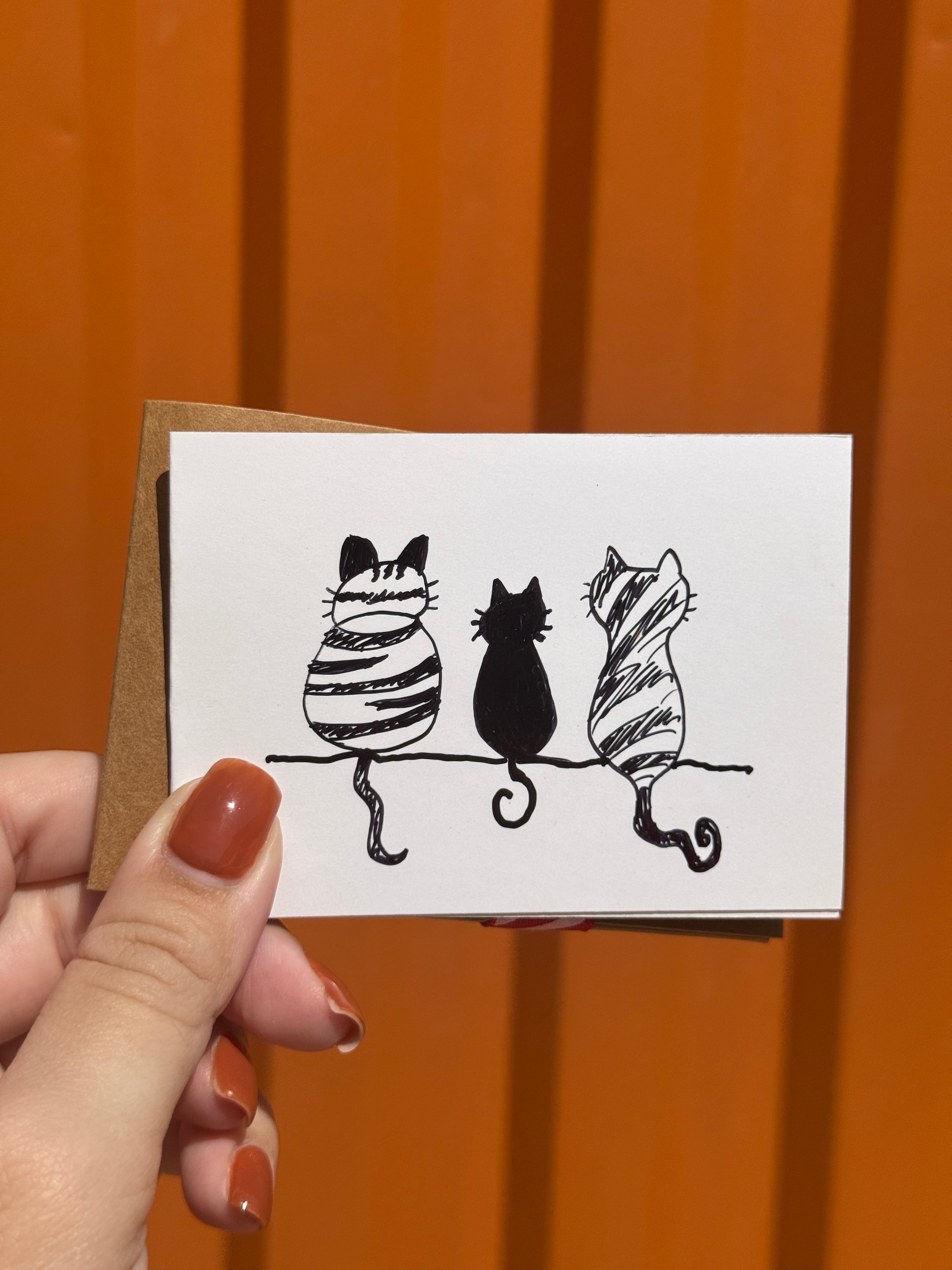 Cute Black Cats | Mini Handmade Greeting Card – Original Illustrated Card
