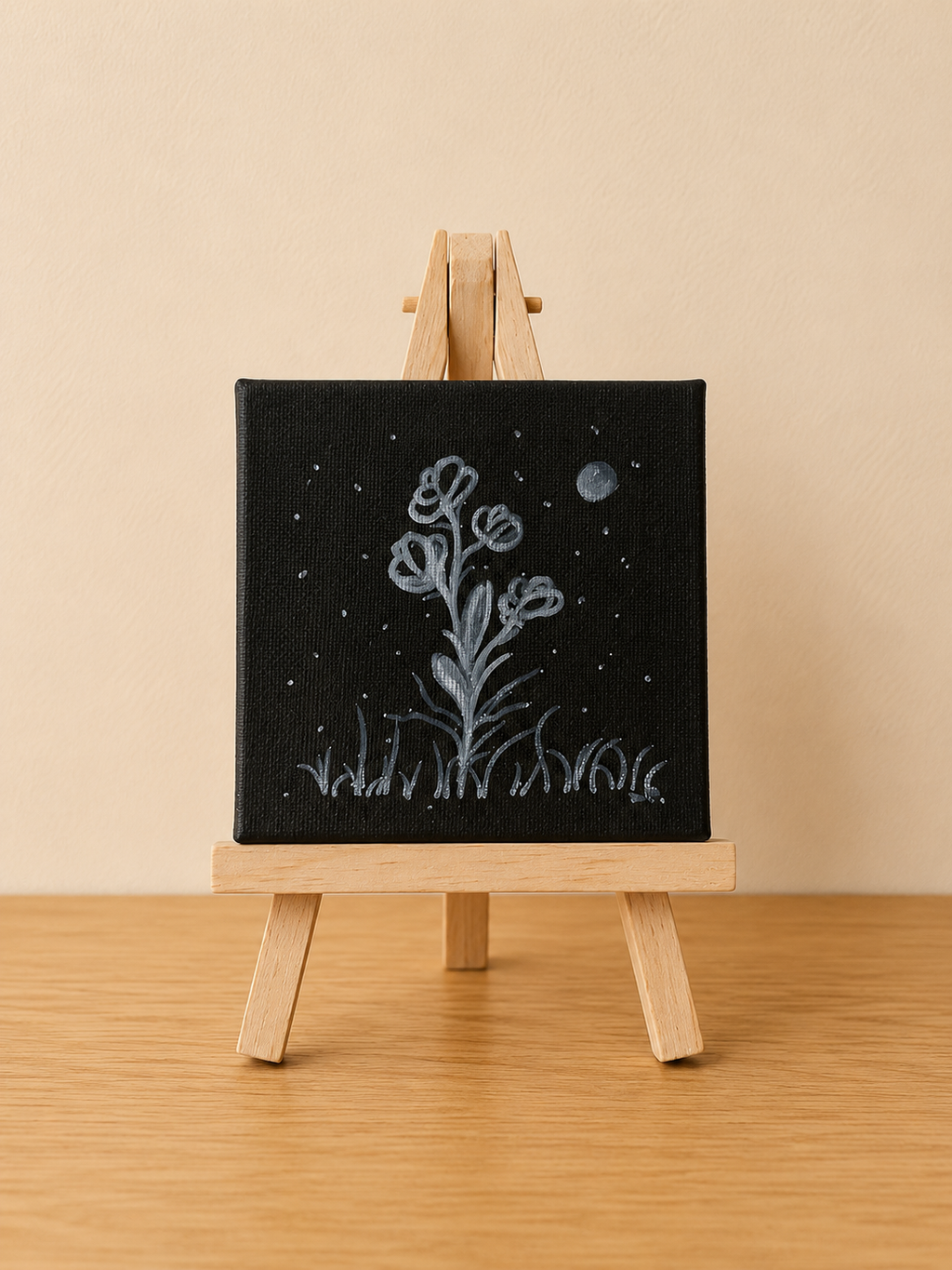 Nightflower | Original Mini Acrylic Painting – 10 × 10 cm Canvas with Wooden Easel (One-of-a-Kind Artwork)