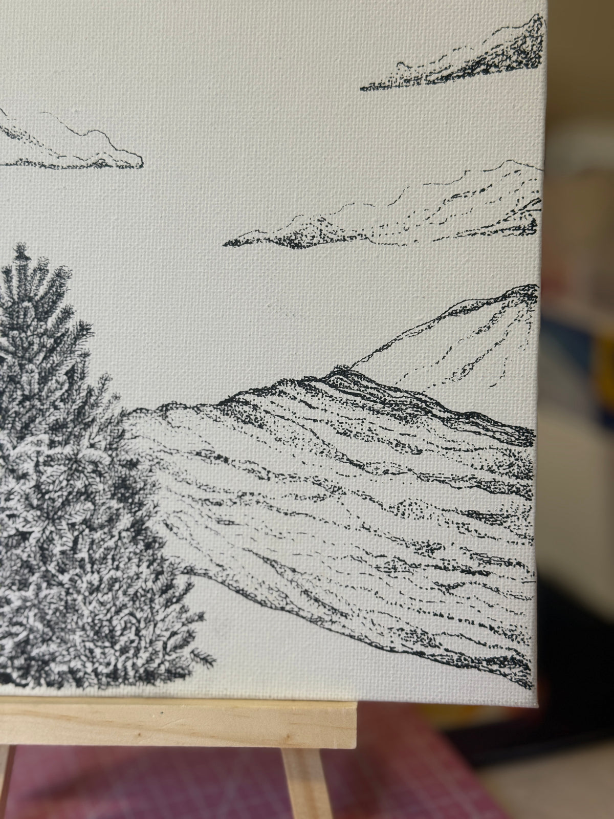 Waterfall | Original Mini Pen Painting – 20 x 20 cm Canvas with Wooden Easel (One-of-a-Kind Artwork)