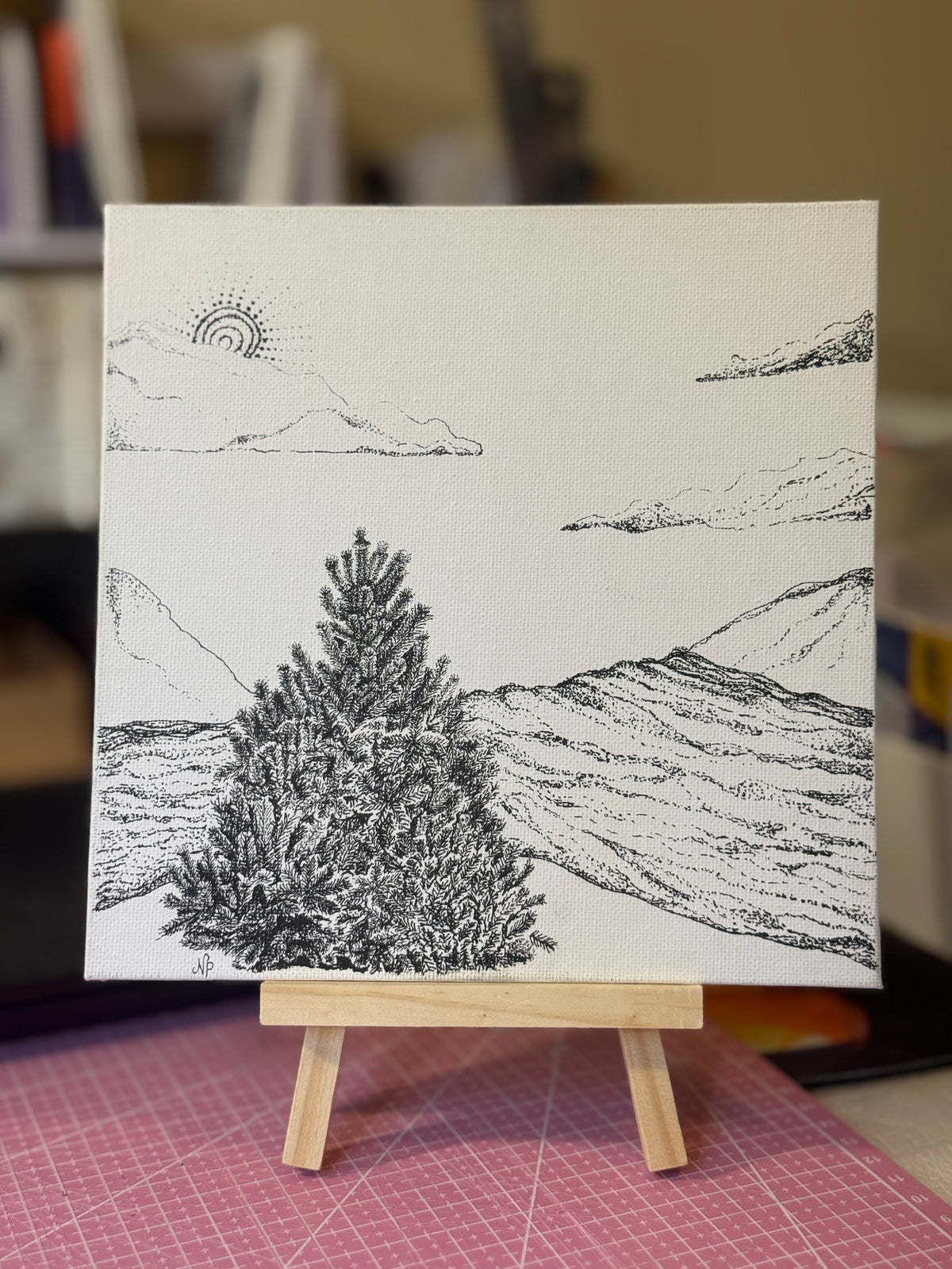 Waterfall | Original Mini Pen Painting – 20 x 20 cm Canvas with Wooden Easel (One-of-a-Kind Artwork)