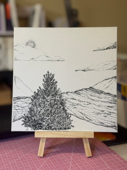 Waterfall | Original Mini Pen Painting – 20 x 20 cm Canvas with Wooden Easel (One-of-a-Kind Artwork)