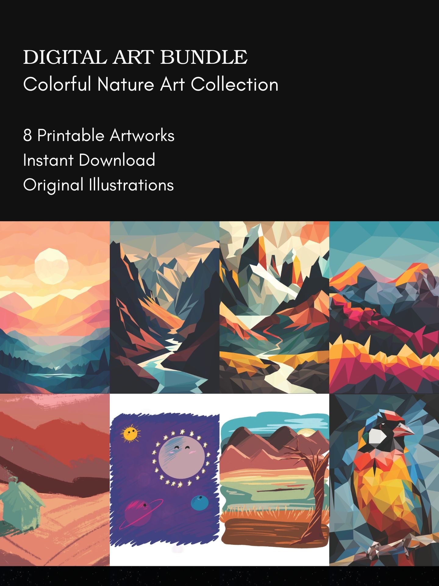 Colorful Nature Digital Art Bundle – Vibrant Nature Illustration Prints