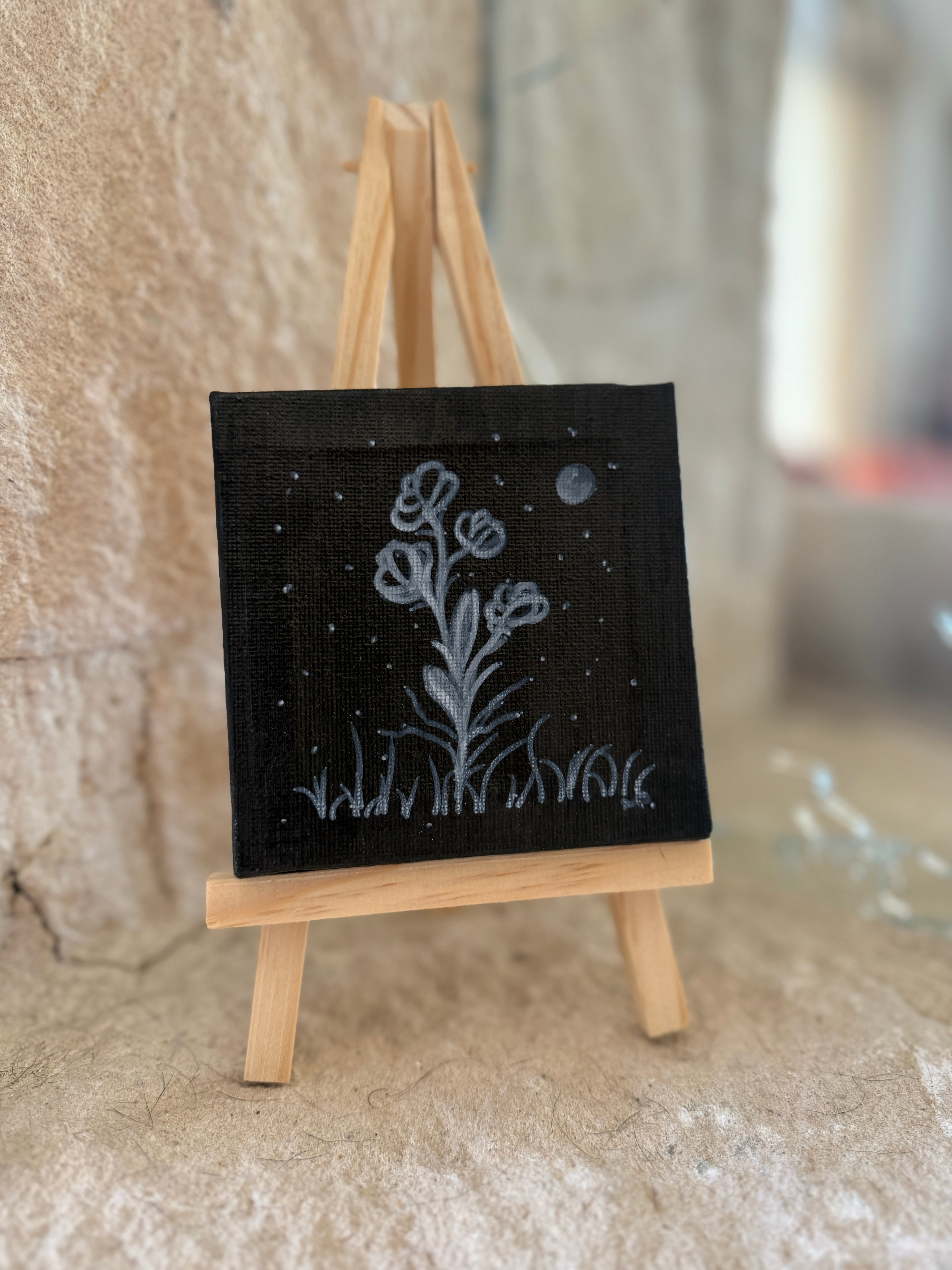 Nightflower | Original Mini Acrylic Painting – 10 × 10 cm Canvas with Wooden Easel (One-of-a-Kind Artwork)