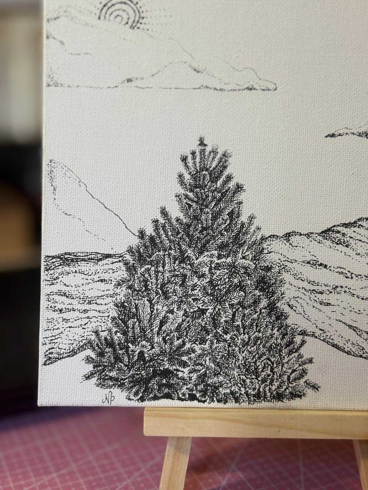 Waterfall | Original Mini Pen Painting – 20 x 20 cm Canvas with Wooden Easel (One-of-a-Kind Artwork)