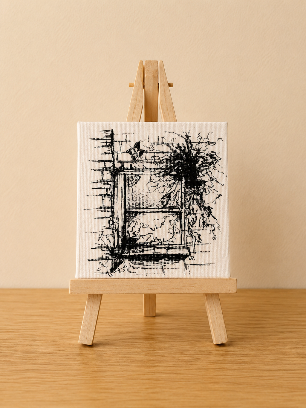 Witch’s Window | Original Mini Pen Painting – 10 × 10 cm Canvas with Wooden Easel (One-of-a-Kind Artwork)