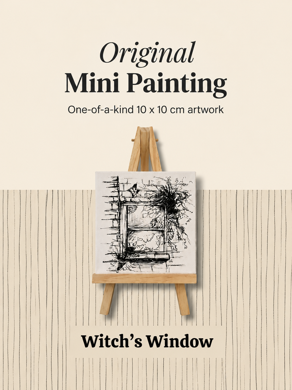 Witch’s Window | Original Mini Pen Painting – 10 × 10 cm Canvas with Wooden Easel (One-of-a-Kind Artwork)