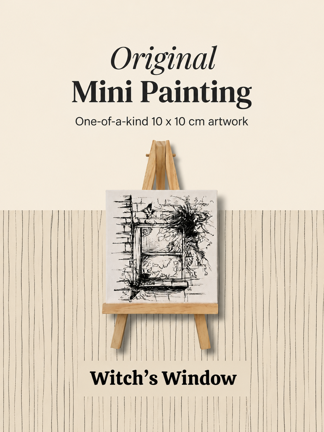 Witch’s Window | Original Mini Pen Painting – 10 × 10 cm Canvas with Wooden Easel (One-of-a-Kind Artwork)