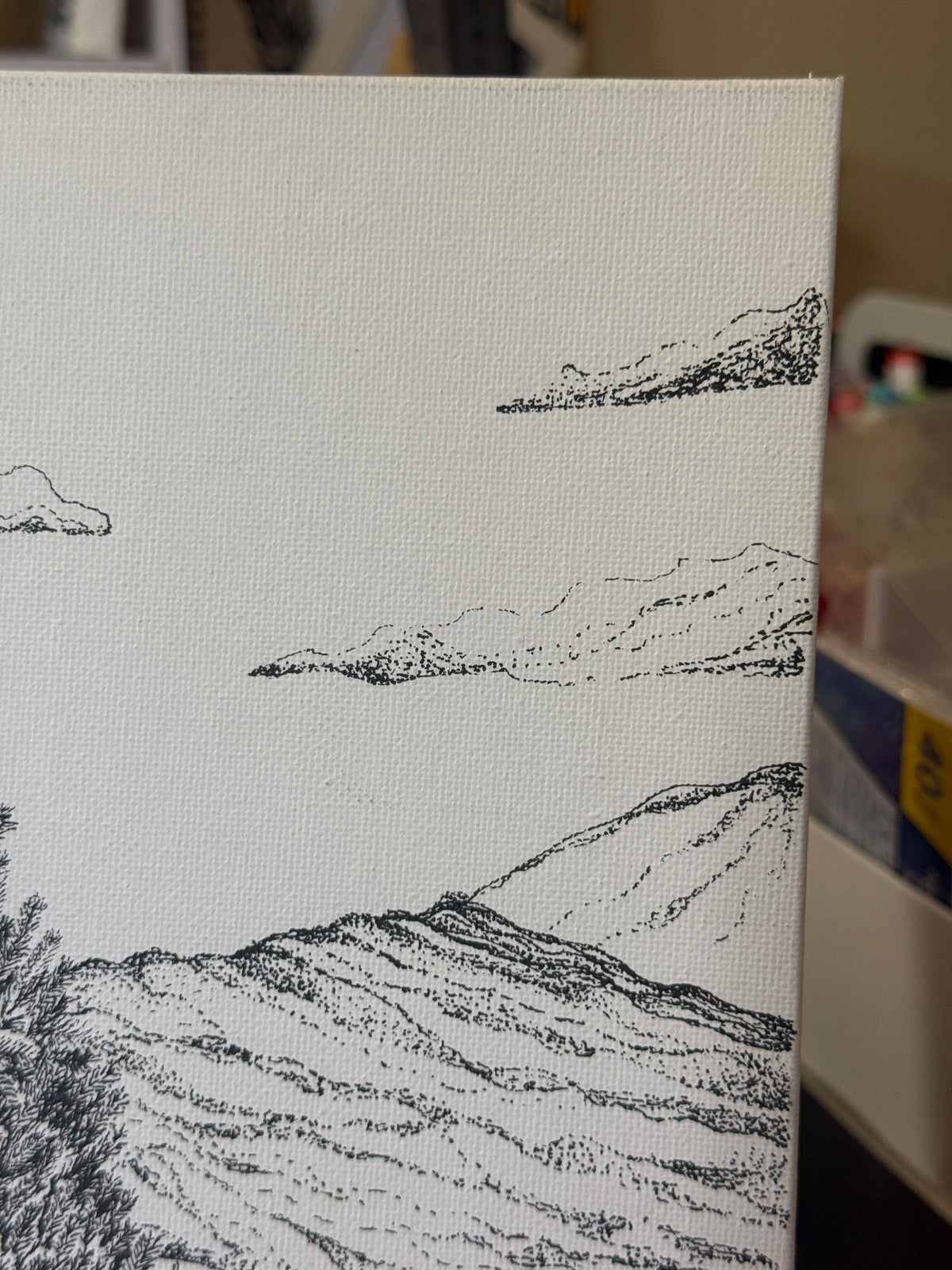 Waterfall | Original Mini Pen Painting – 20 x 20 cm Canvas with Wooden Easel (One-of-a-Kind Artwork)