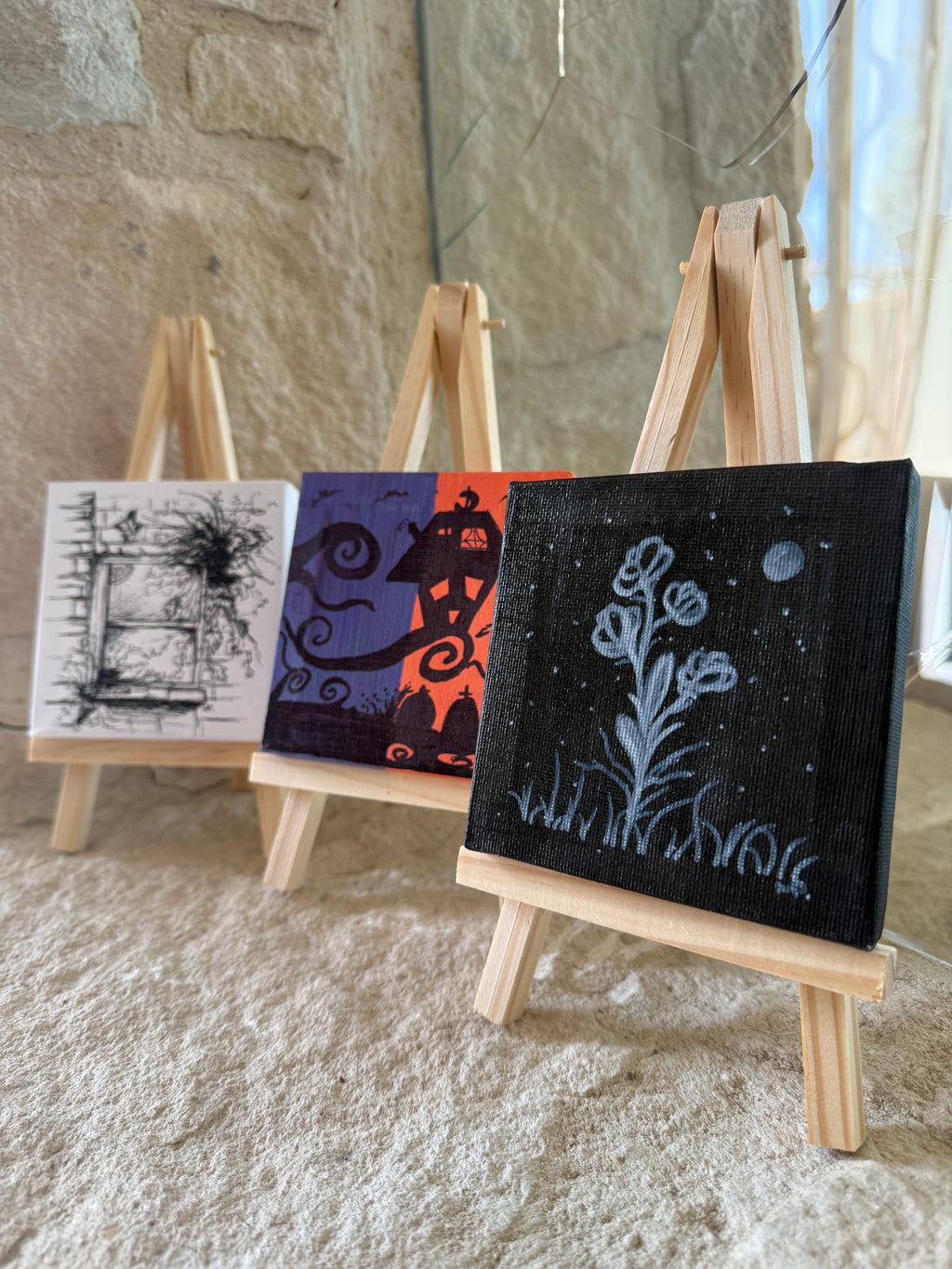Halloween House | Original Mini Acrylic Painting – 10 × 10 cm Canvas with Wooden Easel (One-of-a-Kind Artwork)