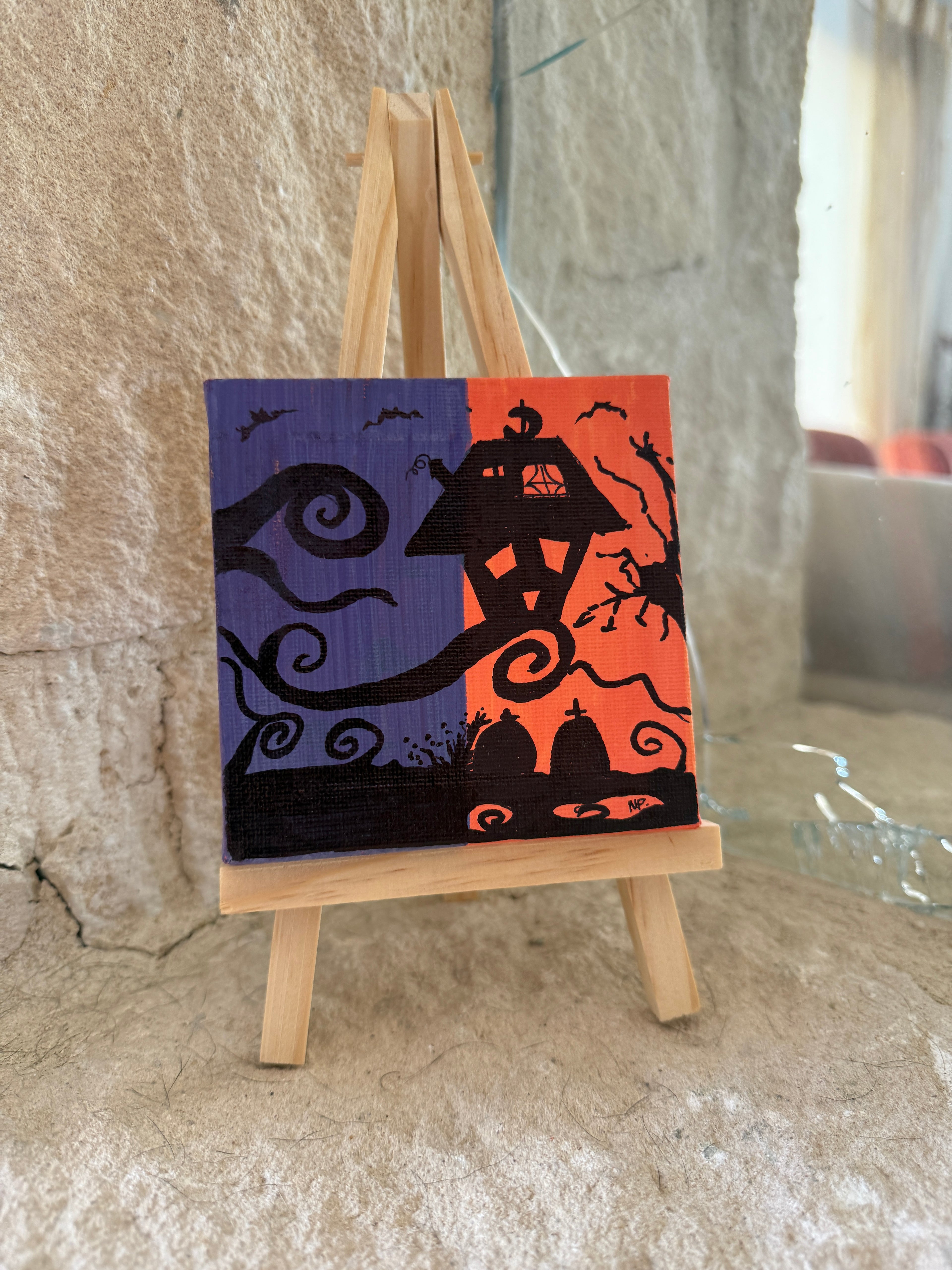 Halloween House | Original Mini Acrylic Painting – 10 × 10 cm Canvas with Wooden Easel (One-of-a-Kind Artwork)