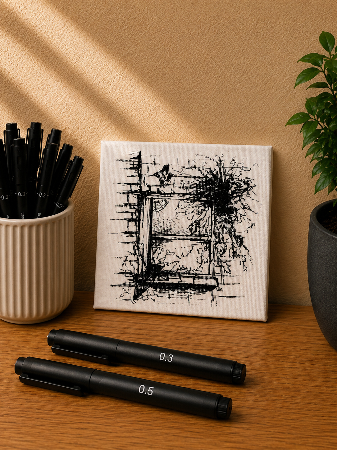 Witch’s Window | Original Mini Pen Painting – 10 × 10 cm Canvas with Wooden Easel (One-of-a-Kind Artwork)