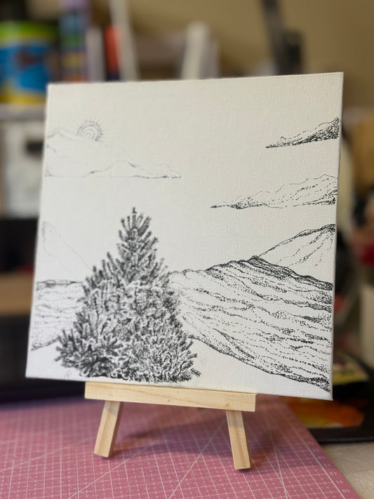 Waterfall | Original Mini Pen Painting – 20 x 20 cm Canvas with Wooden Easel (One-of-a-Kind Artwork)