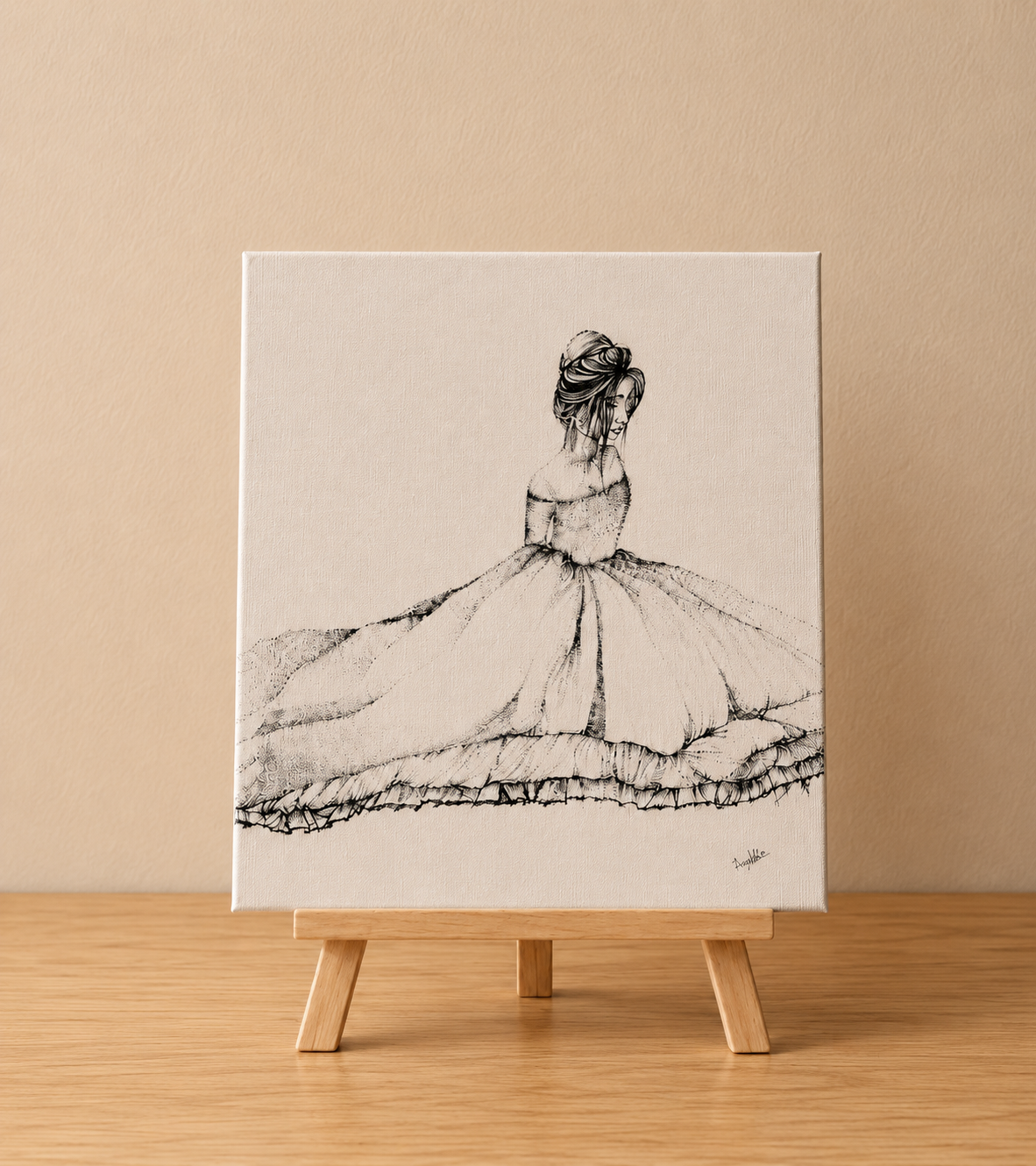 Princess | Original Mini Pen Painting – 24 x 30 cm Canvas with Wooden Easel (One-of-a-Kind Artwork)