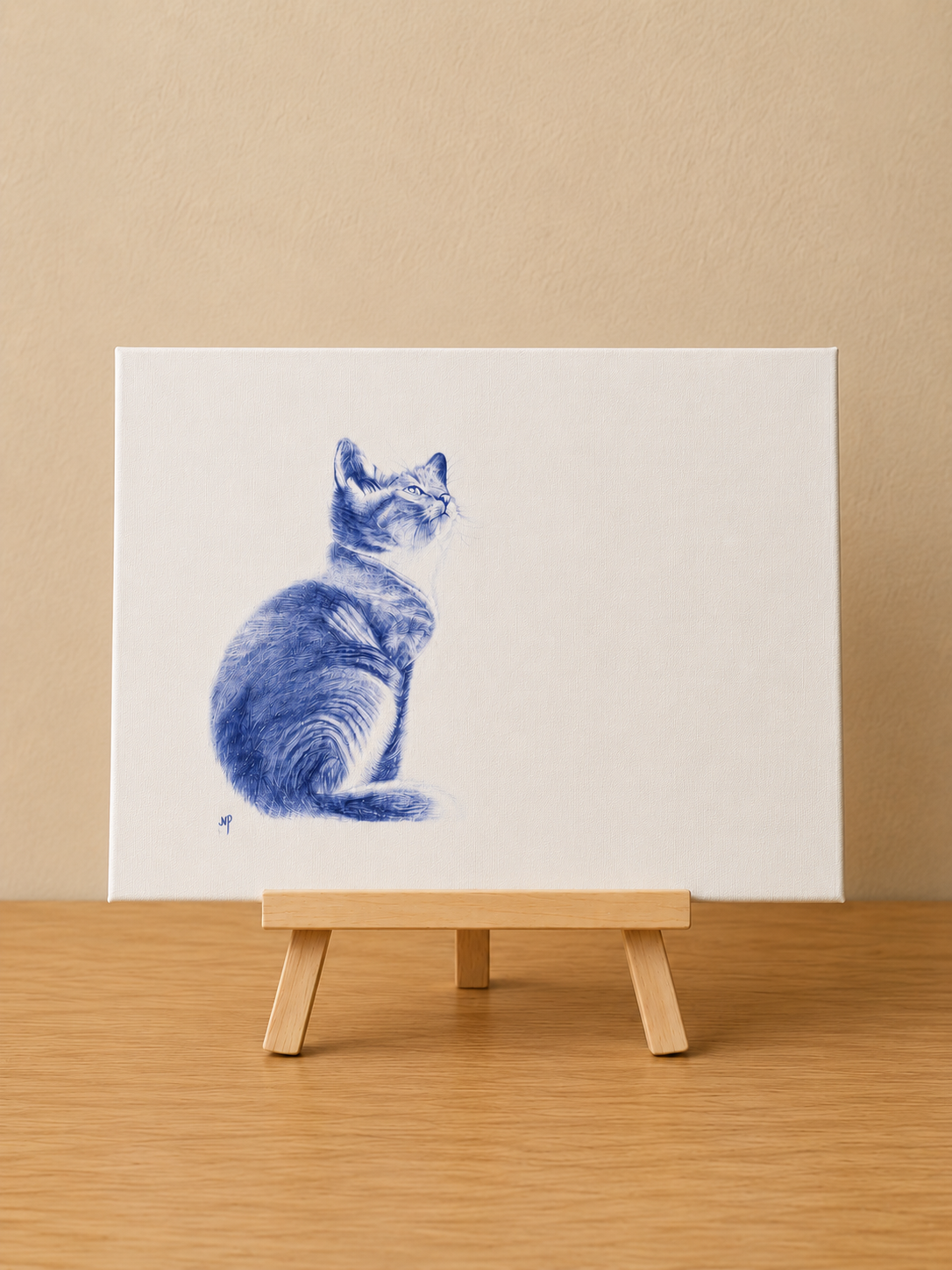 Cat | Original Mini Pen Painting – 30 x 40 cm Canvas with Wooden Easel (One-of-a-Kind Artwork)