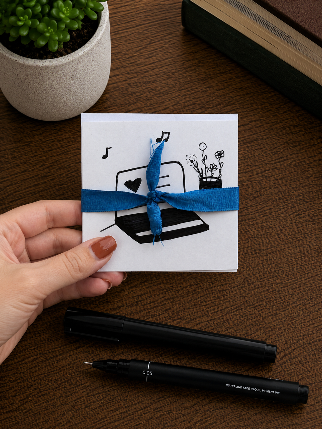 Cute Computer With Flowers | Small Handmade Greeting Card – Original Illustrated Card