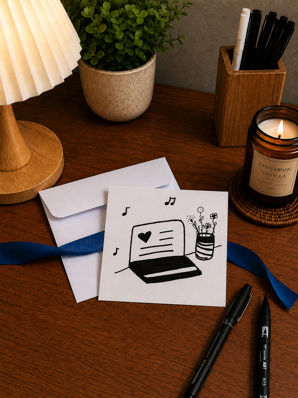 Cute Computer With Flowers | Small Handmade Greeting Card – Original Illustrated Card