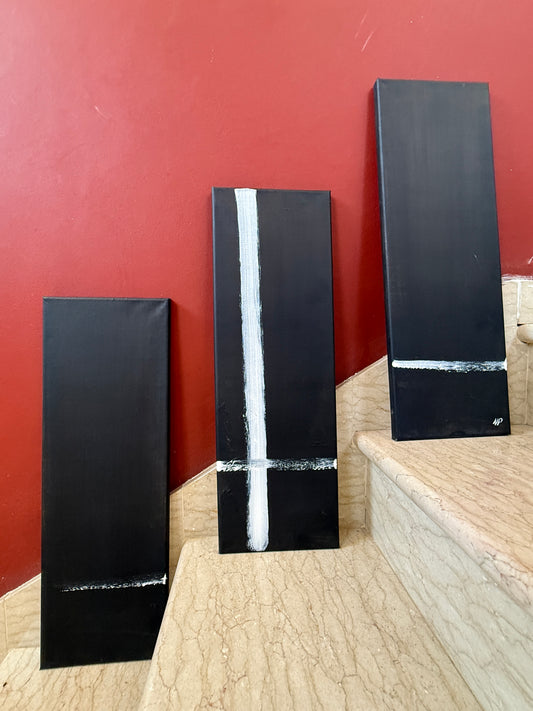 Squared Black | Original 3-Piece Contemporary Acrylic Painting – 20 × 60 cm Modern Abstract Artwork
