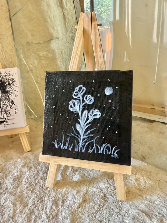 Nightflower | Original Mini Acrylic Painting – 10 × 10 cm Canvas with Wooden Easel (One-of-a-Kind Artwork)