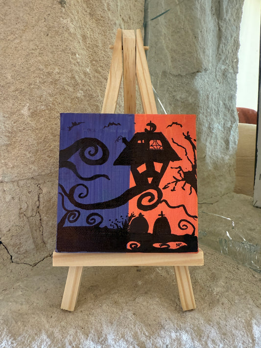 Halloween House | Original Mini Acrylic Painting – 10 × 10 cm Canvas with Wooden Easel (One-of-a-Kind Artwork)