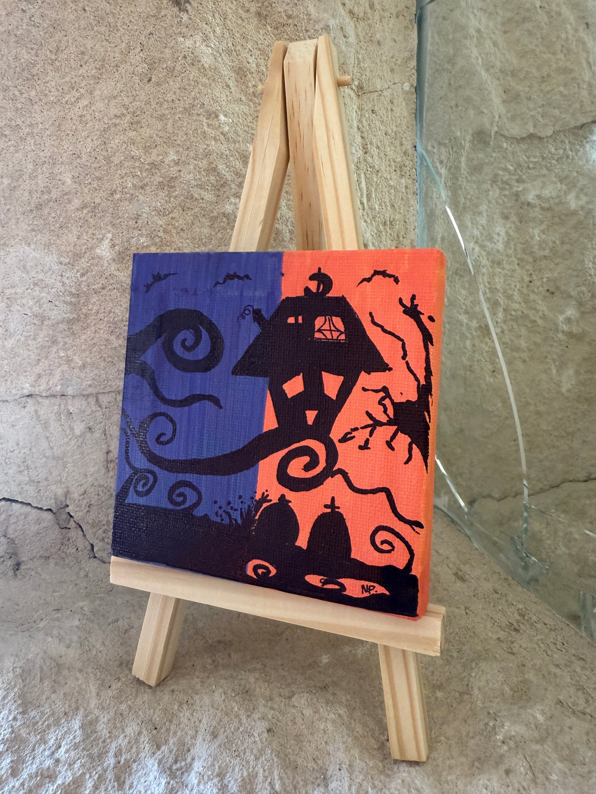 Halloween House | Original Mini Acrylic Painting – 10 × 10 cm Canvas with Wooden Easel (One-of-a-Kind Artwork)