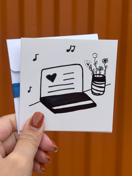 Cute Computer With Flowers | Small Handmade Greeting Card – Original Illustrated Card