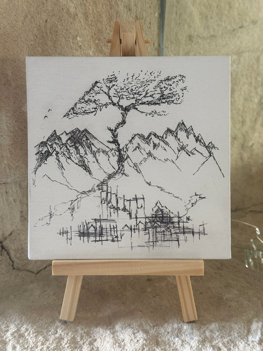 Sakura Tree | Original Mini Pen Painting – 15 × 15 cm Canvas with Wooden Easel (One-of-a-Kind Artwork)