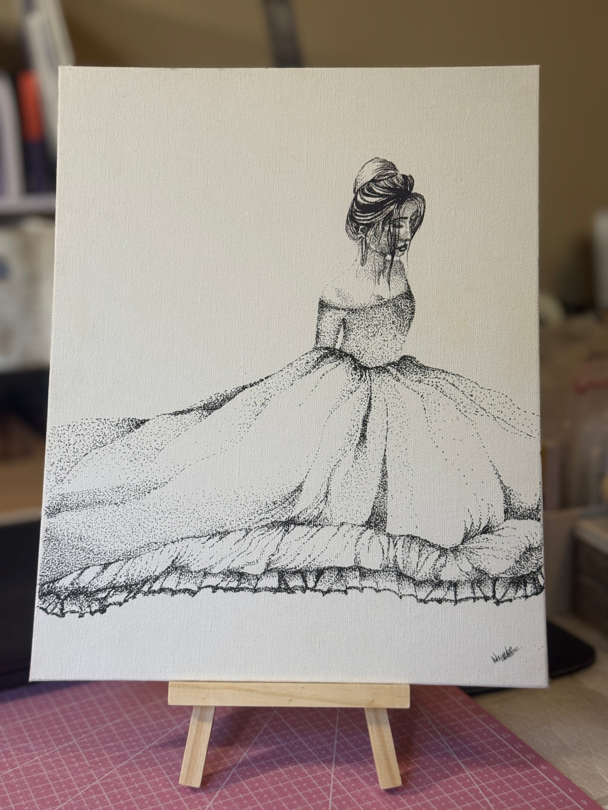 Princess | Original Mini Pen Painting – 24 x 30 cm Canvas with Wooden Easel (One-of-a-Kind Artwork)
