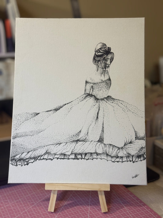 Princess | Original Mini Pen Painting – 24 x 30 cm Canvas with Wooden Easel (One-of-a-Kind Artwork)
