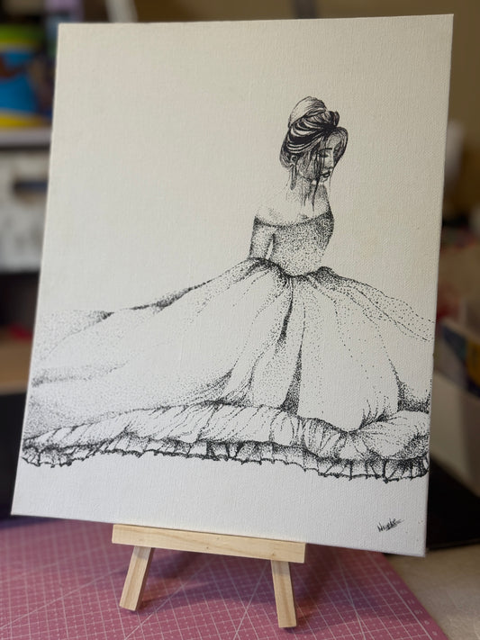 Princess | Original Mini Pen Painting – 24 x 30 cm Canvas with Wooden Easel (One-of-a-Kind Artwork)